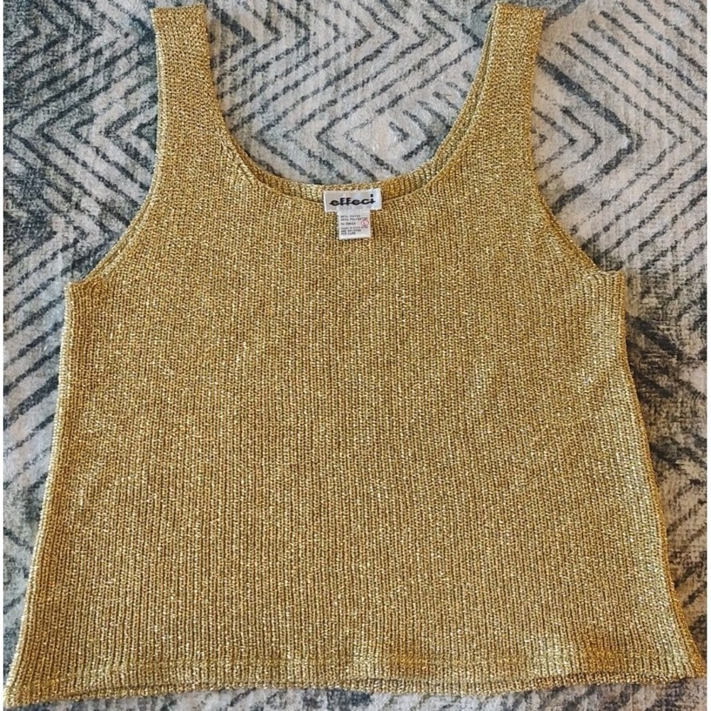 Vintage Crochet Loose Knit Metallic Gold Tank Top Glamour Shimmer Size Large